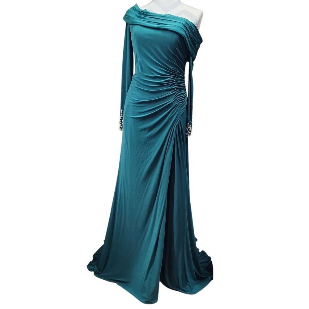 Mac Duggal Emerald Green One Shoulder Ruched Formal Gown Dress Size 8 NWT - Picture 11 of 11